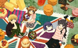  2boys 2girls blush brown_hair card_captor_sakura clamp daidouji_tomoyo food hair_bobbles hiiragizawa_eriol holding indigo_eyes kinomoto_sakura li_shaoran shaolan shoes shorts skirt syaoran 