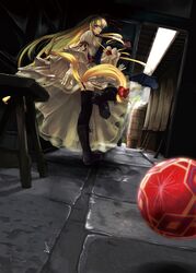  ball black_legwear blonde_hair boots dacho from_behind garter_straps hair_ribbon leg_up long_hair looking_back ribbon solo standing_on_one_leg thigh-highs thighhighs touhou yakumo_yukari 