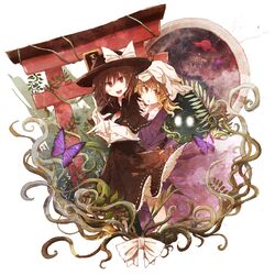  blonde_hair brown_eyes brown_hair butterfly capelet dress hands_on_shoulder hat hat_ribbon hato_satobeni hisona_(suaritesumi) leaf maribel_hearn multiple_girls open_mouth ribbon short_hair skirt smile torii touhou trojan_green_asteroid ufo usami_renko vines window worried 