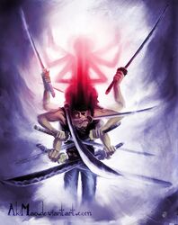  akimao bandana bandanna dual_wielding eyepatch fighting_stance illusion katana looking_at_viewer male mouth_hold multi_arm nonuple_wielding one-eyed one_piece roronoa_zoro scar solo sword torn_clothes triple_wielding watermark weapon 