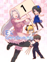  3girls ahoge bad_id black_eyes black_hair black_legwear blonde_hair brown_eyes brown_hair chibi cross dress fate/unlimited_codes fate/zero fate_(series) hisau_maiya irisviel_von_einzbern kotomine_kirei long_hair maid maid_headdress multiple_girls pantyhose saber saber_lily sign sirai3 white_hair 