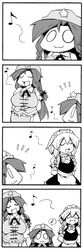  4koma :3 apron bad_id braid closed_eyes comic eyes_closed hat hong_meiling izayoi_sakuya maid maid_headdress monochrome multiple_girls musical_note o_o open_mouth silent_comic singing star touhou twin_braids ushi waist_apron 
