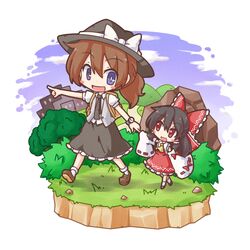  :d arms_behind_back black_hair blue_eyes blush_stickers brown_hair chibi detached_sleeves fushigi_ebi grass hakurei_reimu hat hat_ribbon miko multiple_girls necktie open_mouth ponytail red_eyes ribbon smile touhou touhou_ningyougeki usami_renko walking watch wristwatch 