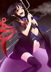  asymmetrical_wings bad_id black_hair black_legwear cloud clouds dress highres hijiri-ssh houjuu_nue pointy_ears polearm red_eyes shooting_star sky solo star_(sky) starry_sky tears thigh-highs thighhighs touhou trident ufo weapon wings wink 