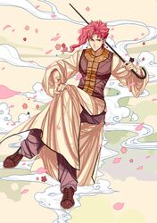  1boy cane cherry_blossoms chinese_clothes green_eyes highres jojo_no_kimyou_na_bouken kakyouin_noriaki linjie petals pink_hair solo 