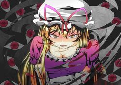  blonde_hair breasts cleavage down_blouse dress elbow_gloves gap gloves grin hat highres lips long_hair smile solo taut_shirt touhou turn-a yakumo_yukari yellow_eyes 