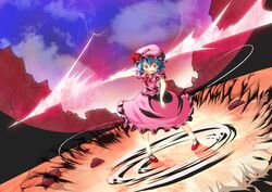  blue_hair dress evil_grin evil_smile fang grin hat highres open_mouth red_eyes remilia_scarlet slit_pupils smile solo spear_the_gungnir touhou turn-a 