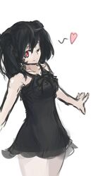  1girl arceonn bare_shoulders black_dress black_hair breasts dress heart long_hair minidress original red_eyes rough solo spoken_heart twintails wink 