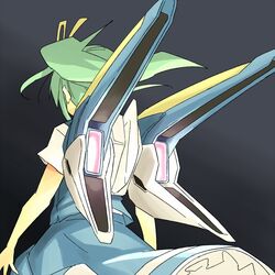  1girl daiyousei from_behind green_hair hair_ribbon long_hair mecha_musume mechanical_wings ribbon side_ponytail skirt skirt_set solo touhou wings yudepii 