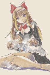  /\/\/\ 1girl alice_margatroid blonde_hair blue_eyes bow breasts cleavage goliath_doll hair_ribbon hairband long_hair ribbon short_hair sitting skirt skirt_set torn_clothes touhou yohane 