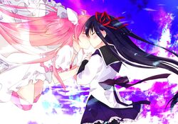  2girls ^_^ akemi_homura black_hair closed_eyes dress goddess_madoka hair_ribbon highres kaname_madoka kiss llaoi_nby long_hair mahou_shoujo_madoka_magica multiple_girls pink_legwear ribbon skirt thigh-highs two_side_up white_dress yuri 