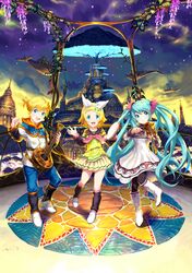  1boy 2girls aqua_eyes aqua_hair blonde_hair boots dress hair_ornament hair_ribbon hairclip hatsune_miku highres kagamine_len kagamine_rin leg_warmers long_hair multiple_girls nagimiso open_mouth pantyhose ribbon short_hair skirt sky star_(sky) starry_sky tree twintails very_long_hair vocaloid 