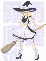  1girl apron aqua_eyes blonde_hair bloomers broom hair_ribbon hat high_heels highres kirisame_marisa lildudelildude long_hair ribbon shoes smile solo touhou underwear witch_hat 