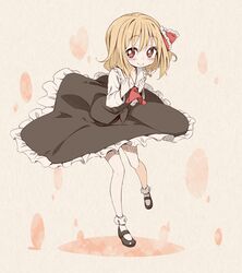  ascot blonde_hair blush bobby_socks full_body hair_ribbon hands_on_own_chest heart highres jigatei_(omijin) mary_janes omijin red_eyes ribbon rumia shirt shoes short_hair skirt skirt_set smile socks solo touhou vest white_legwear youkai 