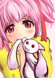 1girl :3 anuzik_tsudrats blush hair_ribbon highres kaname_madoka kyubey long_sleeves mahou_shoujo_madoka_magica mouth_hold open_clothes open_shirt pink_eyes pink_hair red_eyes ribbon short_twintails twintails 