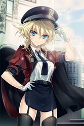  belt black_legwear blonde_hair blue_eyes cape dress_shirt garter_belt gloves hand_on_hip hat hips holding light_smile lowres necktie open_mouth reum shirt short_hair short_sleeves skirt smile sword_girls thigh-highs thighhighs 