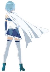  1girl blue_hair cape elbow_gloves from_behind gloves hand_on_hip highres lildudelildude mahou_shoujo_madoka_magica miki_sayaka short_hair skirt solo thigh-highs white_background white_legwear 