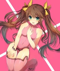  bare_shoulders bodysuit boots breasts cross fang green_eyes hair_ribbon hand_on_own_chest huang_lingyin infinite_stratos kamanatsu leg_up long_hair open_mouth pilot_suit pink_legwear ribbon solo thigh-highs thigh_boots thighhighs twintails 