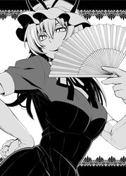  elbow_gloves fan folding_fan gloves greyscale hand_on_hip hat hat_ribbon highres hips long_hair monochrome open_mouth ribbon smile solo touhou uousa yakumo_yukari 