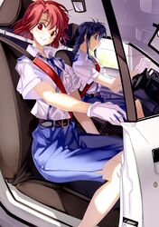  blue_hair car gloves kobayakawa_miyuki miyazaki_byou motor_vehicle multiple_girls police_officer red_eyes red_hair redhead seatbelt sitting skirt tsujimoto_natsumi uniform vehicle you're_under_arrest you're_under_arrest 