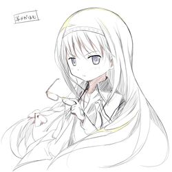  1girl akemi_homura black_hair braid bust glass hair_ribbon hairband long_hair mahou_shoujo_madoka_magica moritan open_collar purple_eyes ribbon solo violet_eyes 