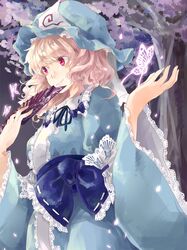  blue_ribbon butterfly cherry_blossoms dress fan folding_fan hat holding japanese_clothes obi petals pink_eyes pink_hair ribbon rukashima saigyouji_yuyuko short_hair smile solo touhou tree triangular_headpiece wide_sleeves 