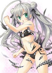  :o ahoge blush bra brapanties checkered checkered_bra checkered_panties double_bun green_eyes haiyore!_nyaruko-san huge_ahoge kamen_rider kamen_rider_fourze kamen_rider_fourze_(series) lingerie long_hair nyarlathotep_(nyaruko-san) open_mouth panties pose silver15 silver_hair solo torn_clothes twintails underwear underwear_only 