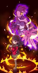  amagi_yukiko black_hair fan fire glasses hairband highres konohana_sakuya long_hair paper_fan persona persona_4 skirt smile taru_neko 