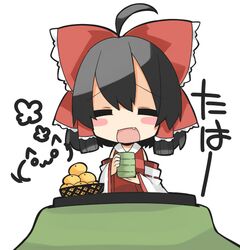  :d ^_^ ahoge black_hair blush_stickers bow chibi closed_eyes cup detached_sleeves eyes_closed fang hair_bow hair_tubes hakurei_reimu kotatsu miko oinari_(tensaizoku) open_mouth orange_hair short_hair smile solo table teacup touhou 