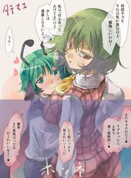  2girls antennae ascot cape dress_shirt green_eyes green_hair heart kazami_yuuka multiple_girls plaid plaid_skirt plaid_vest red_eyes shirt short_shorts shorts skirt smile touhou translation_request wriggle_nightbug yohane 