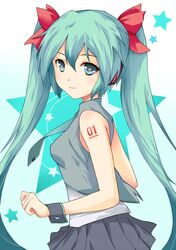 aqua_eyes aqua_hair bad_id hatsune_miku long_hair necktie solo star taka-kun twintails very_long_hair vocaloid wrist_cuffs 