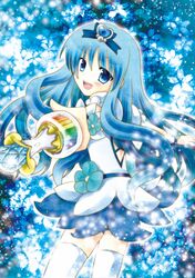  asahi_tooru back bike_shorts blue_eyes blue_hair choker cure_marine dress hair_ornament heart heartcatch_precure! highres kurumi_erika long_hair looking_back magical_girl precure ribbon shorts_under_skirt smile solo thigh-highs thighhighs white_legwear wrist_cuffs 