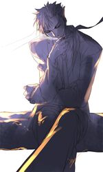  casual cigarette fate/prototype fate_(series) kawells lancer_(fate/prototype) long_hair male necktie ponytail smoking solo white_background 