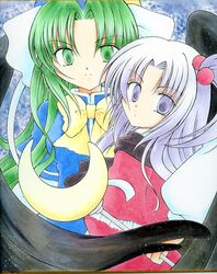  2girls green_eyes green_hair hair_bobbles kazra mima multiple_girls shinki silver_hair touhou wand 
