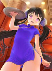  black_hair blush china_dress chinese_clothes flower hair_flower hair_ornament highres long_hair original purple_eyes solo takeuchi_aya twintails violet_eyes 