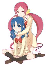  bad_id black_legwear blue_eyes blue_hair blush copyright_request hanasaki_tsubomi heartcatch_precure! hug hug_from_behind indian_style kneehighs kneeling kurumi_erika loafers long_hair minazuki_randoseru multiple_girls pink_eyes pink_hair pout precure school_uniform shoes simple_background sitting tears twintails v_arms very_long_hair wavy_mouth white_background 