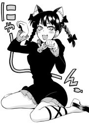  animal_ears bell blush braid cat_ears dress extra_ears fang greyscale highres jingle_bell kaenbyou_rin monochrome open_mouth paw_pose simple_background sitting solo touhou twin_braids uousa wariza 