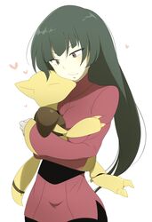  abra black_hair grey_eyes heart hug long_hair muu1519 natsume_(pokemon) pantyhose pokemon pokemon_(game) pokemon_frlg pokemon_rgby 