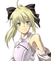  ahoge armor bare_shoulders blonde_hair bow detached_sleeves esesinshi fate/stay_night fate/unlimited_codes fate_(series) green_eyes hair_bow long_hair ponytail saber saber_lily smile solo 