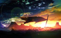  cape clouds jpeg_artifacts sunset sword tengen_toppa_gurren_lagann weapon 