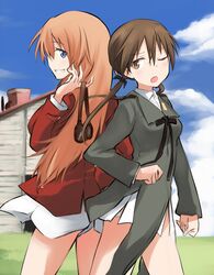  blue_eyes brown_eyes brown_hair charlotte_e_yeager cloud clouds gertrud_barkhorn headphones long_hair military military_uniform multiple_girls open_mouth orange_hair sandwich_(artist) sky strike_witches twintails uniform wink 