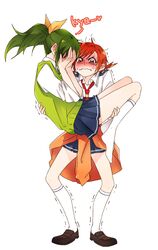  blush carrying covering covering_face embarrassed green_hair hino_akane midorikawa_nao multiple_girls ponytail precure princess_carry red_eyes red_hair redhead school_uniform short_hair skirt sleeves_rolled_up smile_precure! sweater_around_waist sweater_vest tied_sweater tima trembling 
