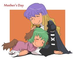  animal_ears arm_ribbon black_dress cape child closed_eyes dress eyes_closed gradient_hair green_hair hand_on_head hijiri_byakuren kasodani_kyouko lap_pillow long_hair lying mother's_day mother's_day multicolored_hair multiple_girls on_side onikobe_rin petting pink_dress short_hair sitting smile tail touhou 