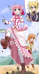  3girls :< ahoge animal_ears between_breasts blonde_hair blush boots cross-laced_footwear dog_days dog_ears dog_tail dress giantess green_eyes leonmitchelle_galette_des_rois leonmitchelli_galette_des_rois long_hair microphone millhiore_f_biscotti multiple_boys multiple_girls orange_hair pantyhose pink_hair purple_eyes riccotta_elmar ricotta_elmar shinku_izumi short_hair silver_hair tail white_legwear yukikaze_panettone 
