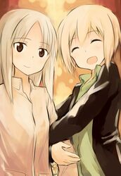  blonde_hair blush brown_eyes character_request edytha_rossmann erica_hartmann long_hair military military_uniform multiple_girls open_mouth sandwich_(artist) short_hair smile strike_witches uniform 