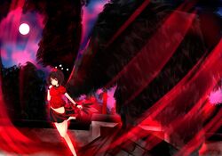  alternate_color black_hair fan full_moon geta hat kitamuraeri large_wings moon mountain no_panties red red_eyes shameimaru_aya short_hair skirt solo tokin_hat touhou wink 