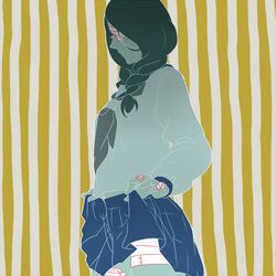 abstract aqua bandage bandage_over_one_eye bandages braid eyepatch grgr27 kobushi_abiru legs sayonara_zetsubou_sensei school_uniform serafuku skirt skirt_lift solo striped striped_background twin_braids 