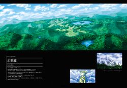  blue_sky cloud clouds forest gensoukyou hat hat_ribbon komeiji_koishi kurione_(zassou) lake landscape mountain nature ribbon river scenery silver_hair sky solo third_eye touhou town translation_request 