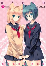  ahoge animal_ears blonde_hair blush cat_ears cat_tail glasses green_eyes green_hair hair_intakes hand_holding holding_hands mitsu_king multiple_girls original school_uniform serafuku short_hair skirt sweater tail 