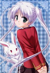  absurdres bekkankou bunny fixed fortune_arterial green_eyes highres looking_back purple purple_hair rabbit school_uniform tougi_shiro twintails 